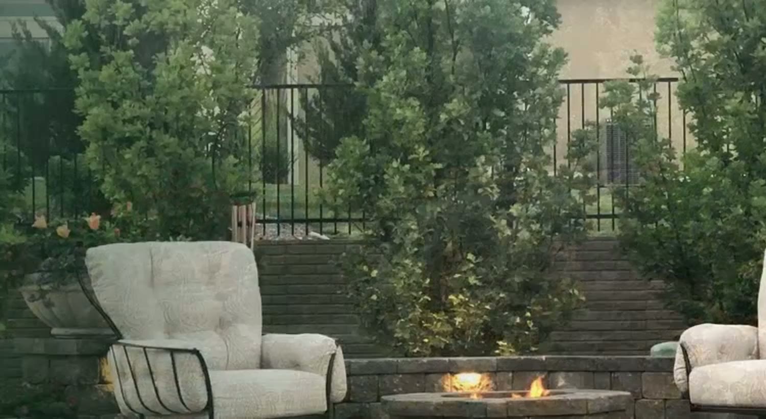 Fire pit seating area with evergreen screening — TenderCare project